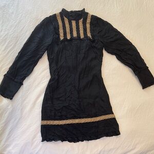 Vintage Victorian Black Long Sleeve Mini Dress with Beige Lace Trim